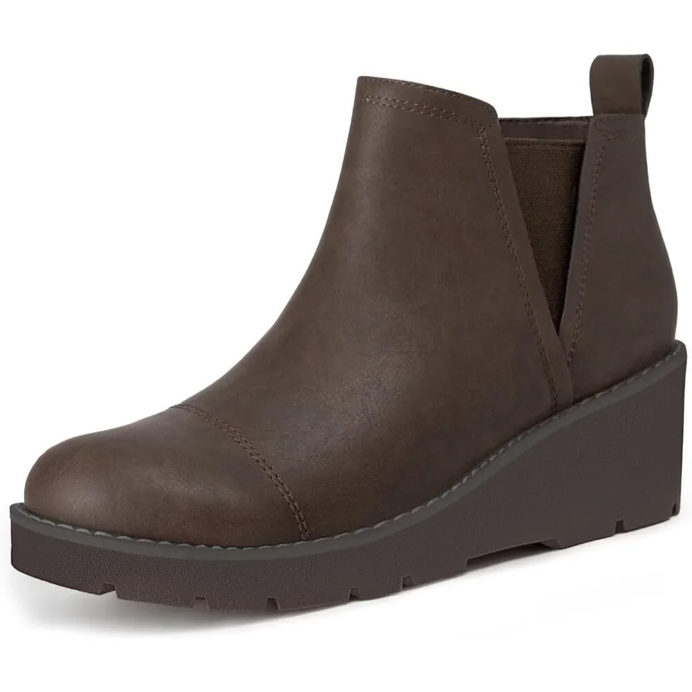 Women's Dark Brown Wedge Chelsea Boots Lug Sole Platform Ankle Booties Zipper